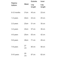 Dreams Print Long Sleeve Baby/childrens Pyjama Set Size Chart 2