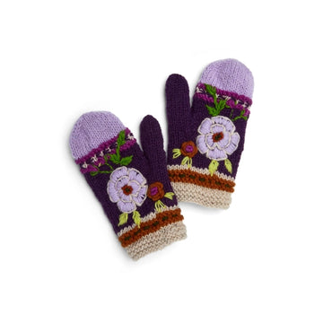 Hand-Knit & Embroidered Woolen Mittens Colorblock Plum