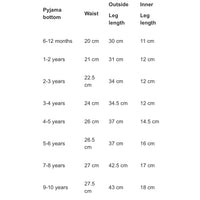 Star Print Short Sleeve Baby/Childrens Pyjamas Size Chart 1