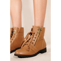 Kaiya Low Heel Military Boots Side Zip & Lace Up In Tan