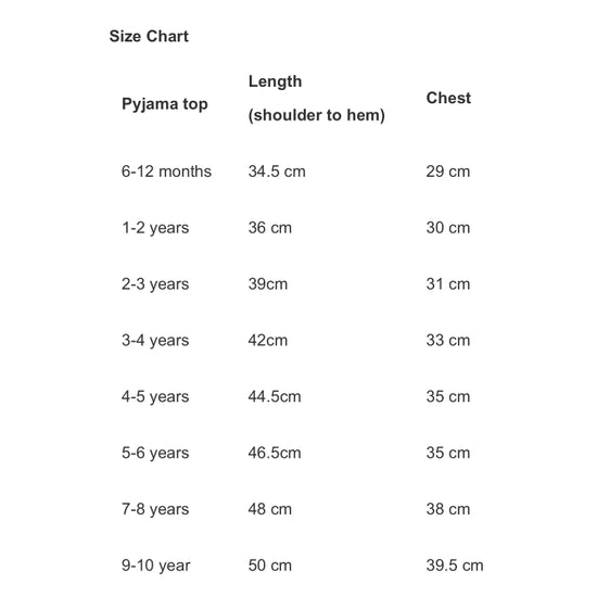 Star Print Short Sleeve Baby/Childrens Pyjamas Size Chart 2